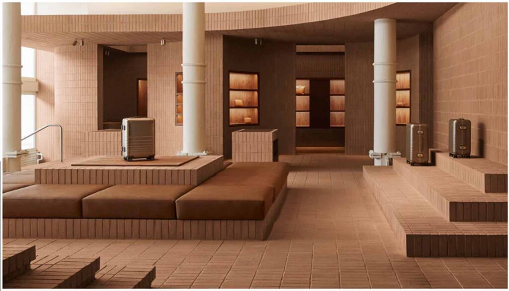 A wide interior view of a modern multi-level retail showroom in Soho built by MOMA Construction Group, featuring custom terracotta brick tile flooring, built-in display platforms with luxury suitcases, and minimalist structural white columns.