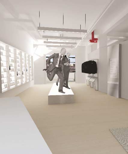 A sleek, modern interior view of the Samuelsohn luxury menswear showroom built by MOMA Construction Group, featuring custom white open shelving units, industrial track lighting, and a dynamic fashion mannequin display on a central white platform.